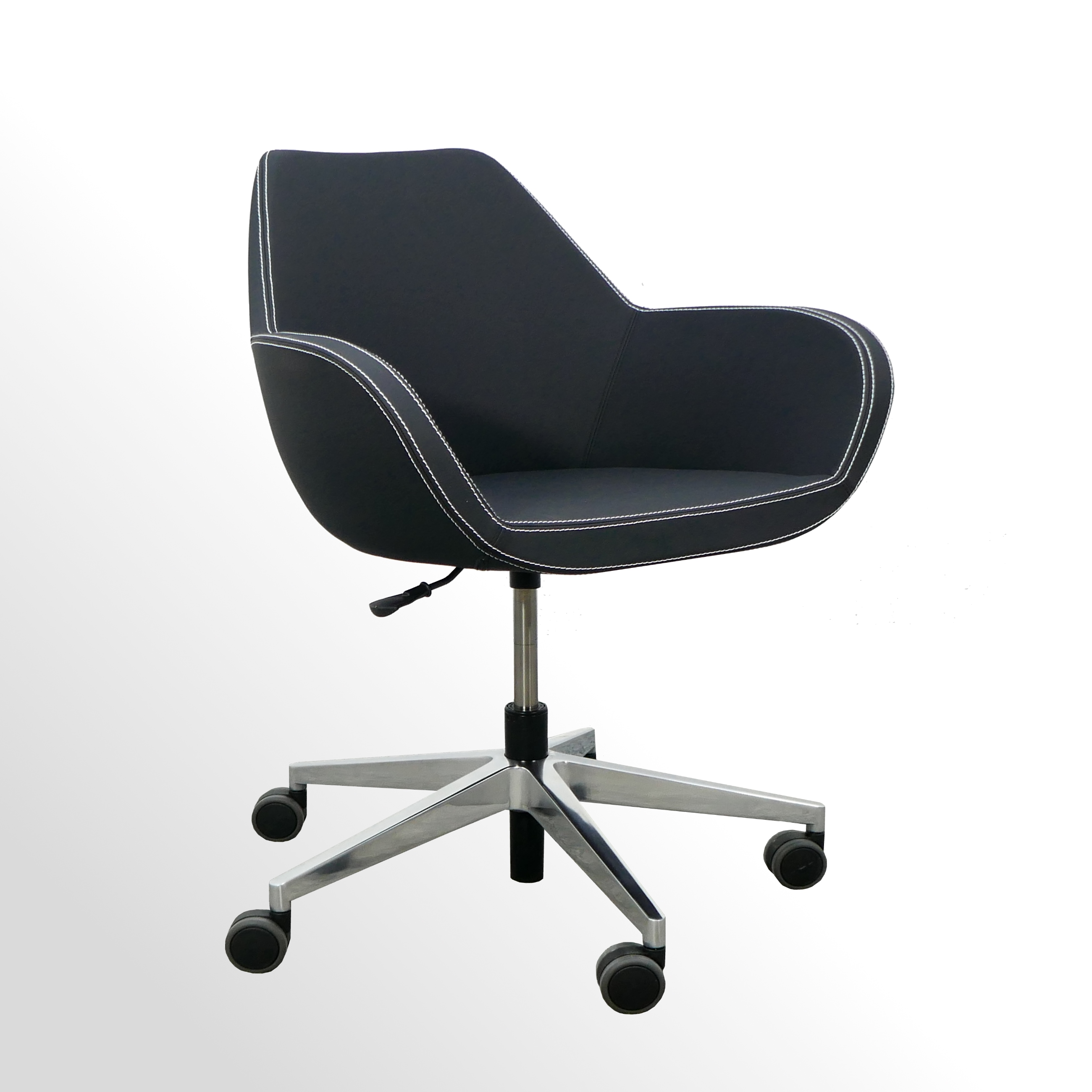 Besucherstuhl-auf-Rollen-FAN10E-Kunstleder-schwarz-mit-weissen-N-hten-h-henverstellbar-1 Höhenverstellbarer Besuchersessel auf Rollen für den Wartebereich - Kunstleder schwarz