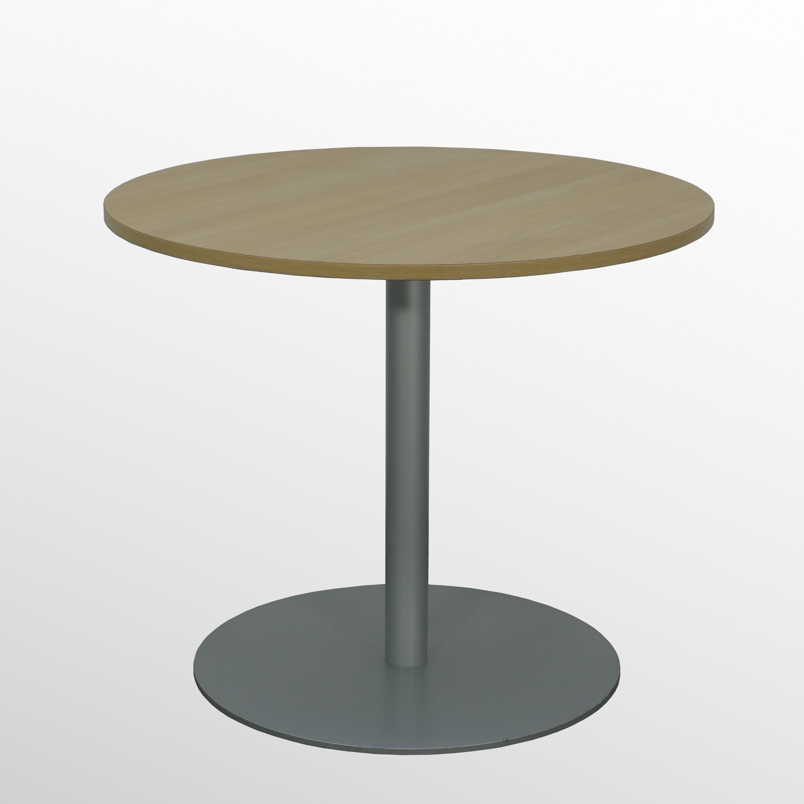 Bene-Eiche-Platte-800-mm-Alufarben-1 Günstiger, gebrauchter Bene Besprechungs- und Konferenztisch - Ø 800 mm - Eiche Dekor